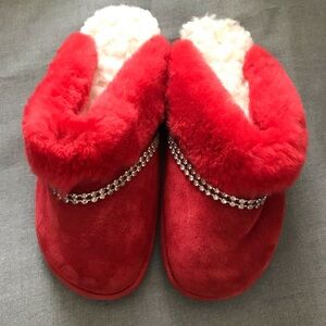 Cozy Red Sheerling Slippers with Rhinestone Detail